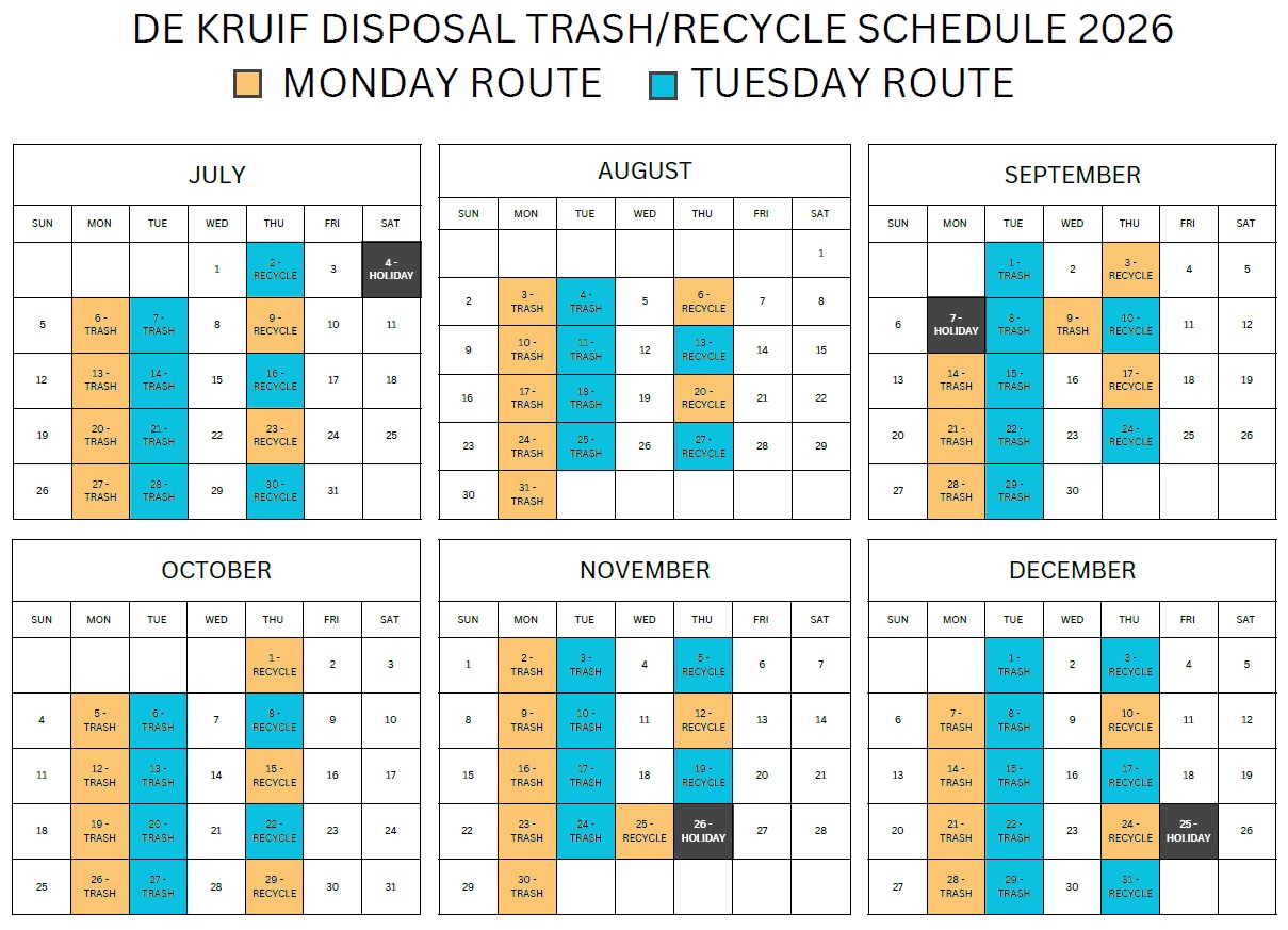 2026 garbage-recycling schedule - July - December 2026 second 6 months garbage-recycling schedule
