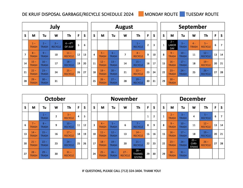 July - Dec 2024 garbage-recycling schedule