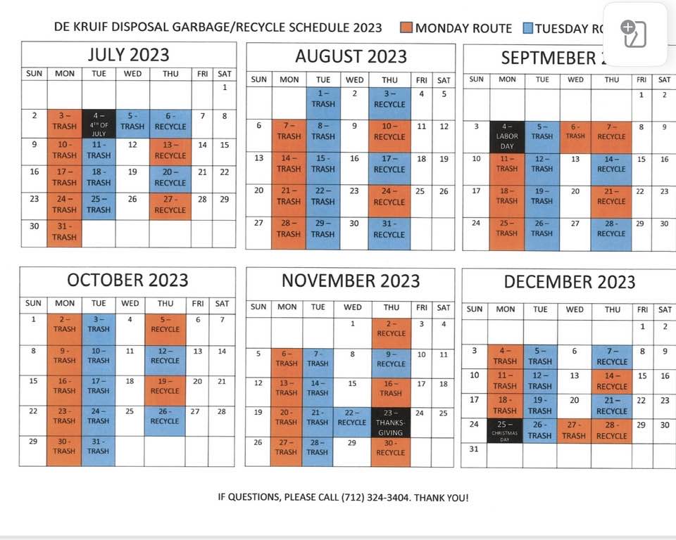 Garbage & recycling schedule - July to December 2023