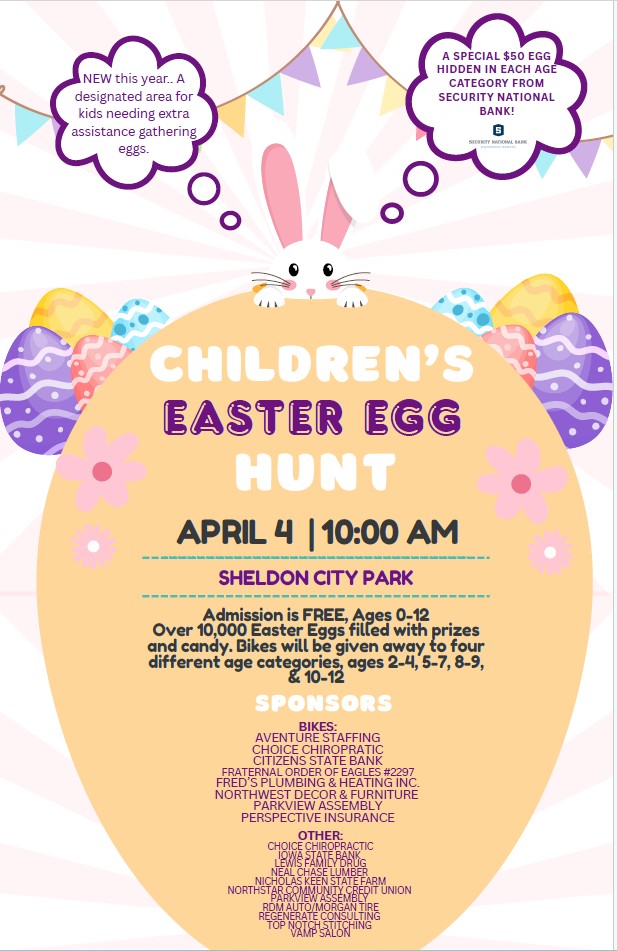 Children's Easter Egg Hunt at City Park - Saturday, 4/4/26 (10 AM), call SCDC at 712-324-2813 for details.